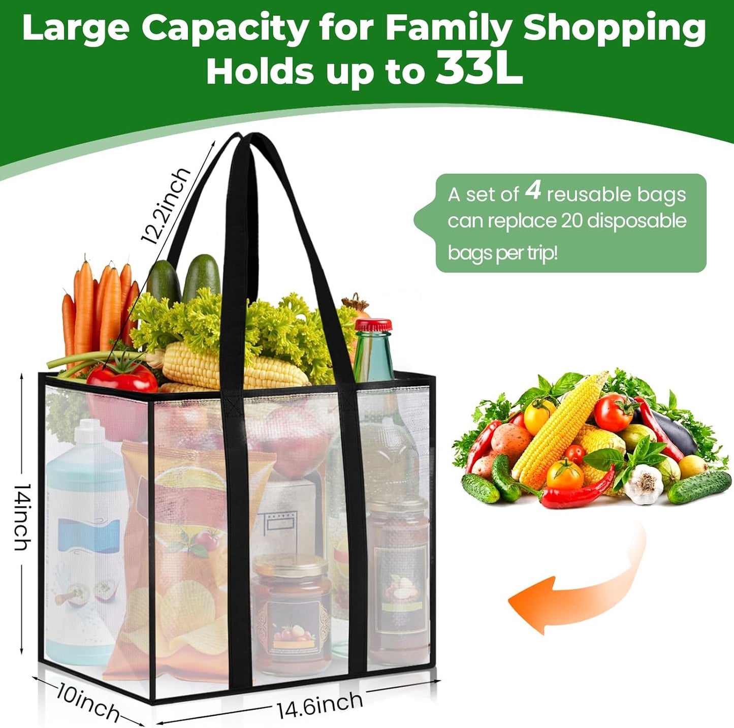 4 Pack 33L Reusable Grocery Bags